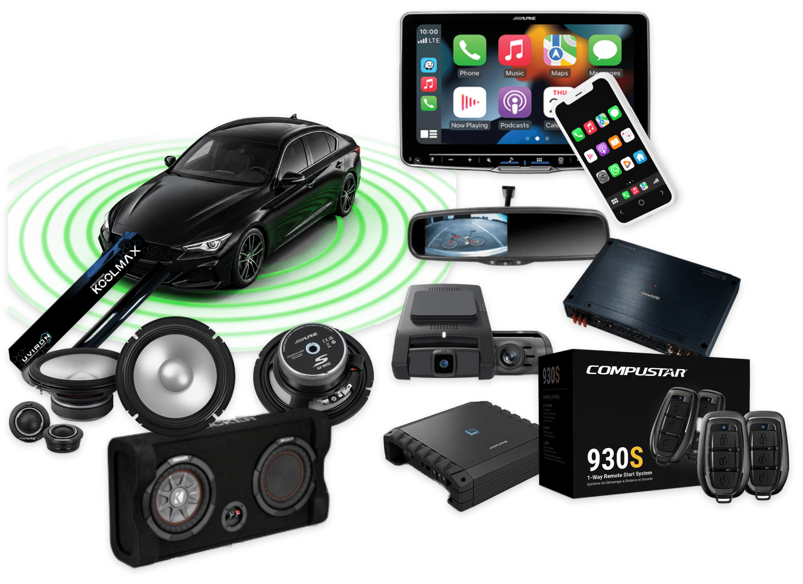 Parkway Car Stereo products: Apple CarPlay head unit, Alpine speakers and amplifier, Kenwood amplifier, Kicker subwoofer, dash cam, backup camera mirror, Compustar remote starter, and Koolmax window tint