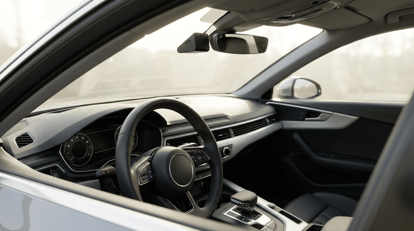 Compact single-camera dash cam mounted behind a car's rearview mirror